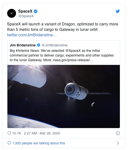 美国宇航局选择SpaceX向月球Gateway 太空舱运送货物