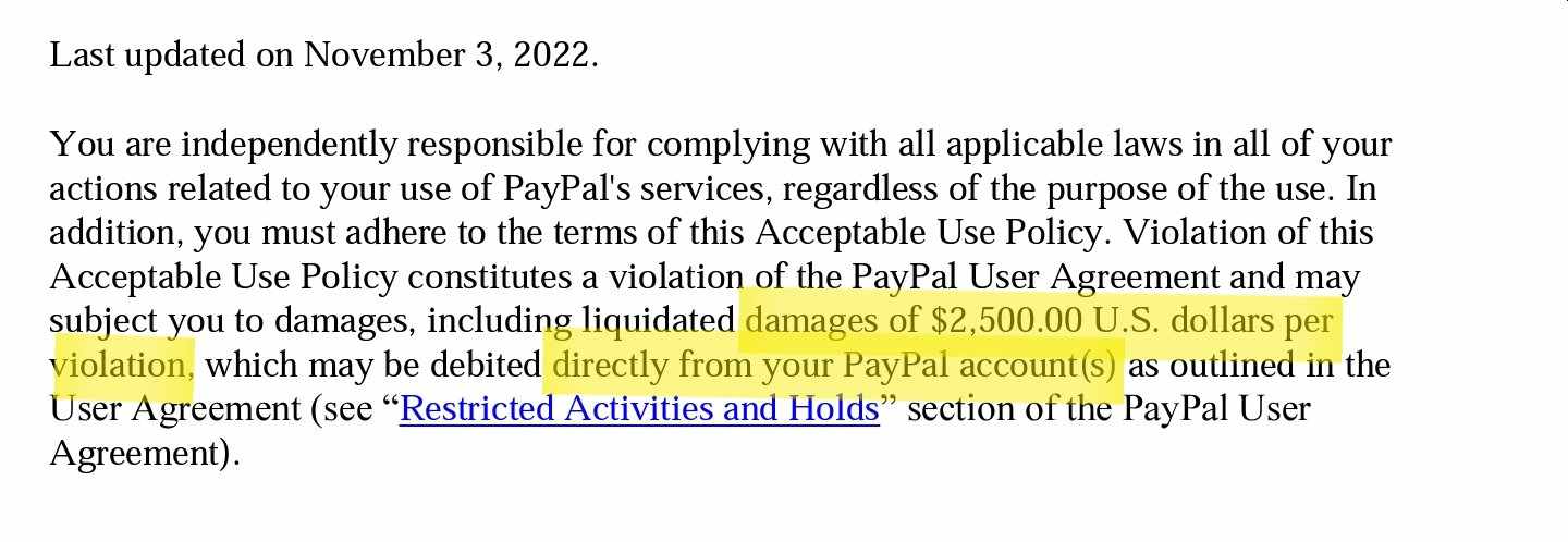 如果您散布错误信息，PayPal 将恢复其从您的帐户中收取 2,500 美元的政策