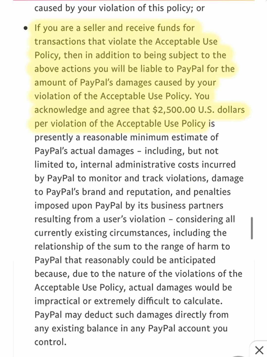 如果您散布错误信息，PayPal 将恢复其从您的帐户中收取 2,500 美元的政策