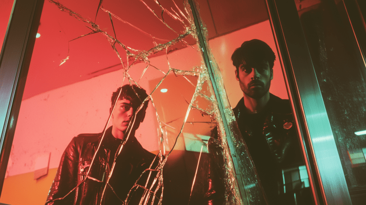 Two men stare through cracked glass window