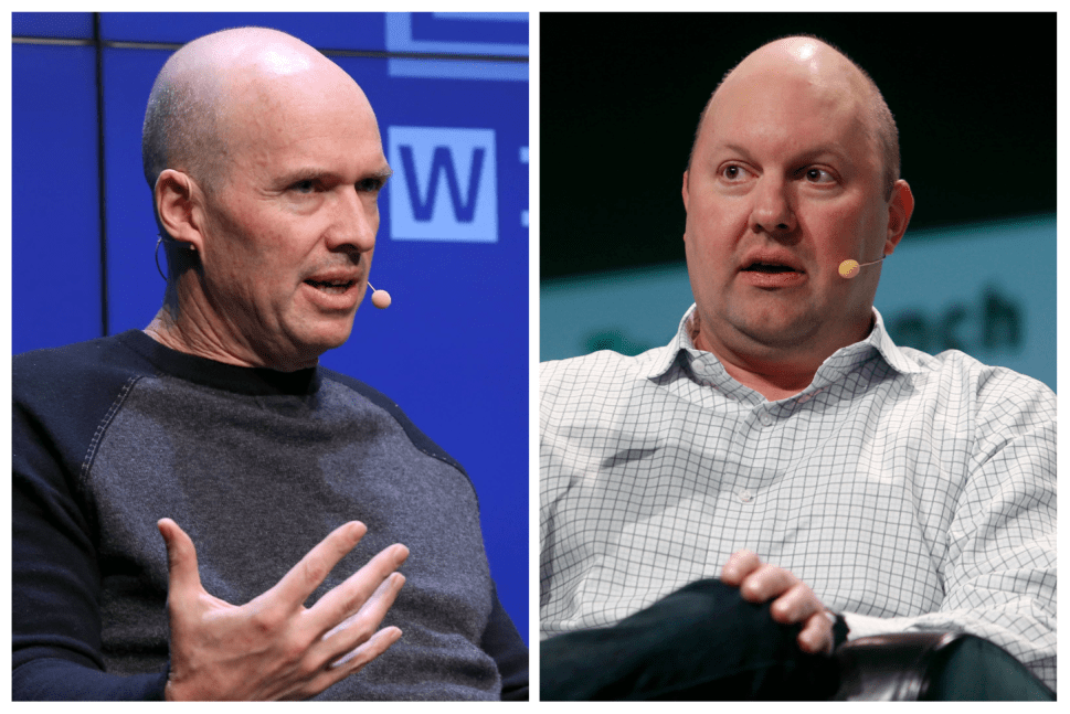 Two side by side photos of bald men sitting at panels