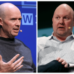 Two side by side photos of bald men sitting at panels