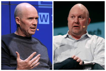 Two side by side photos of bald men sitting at panels