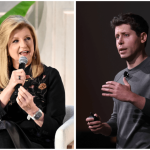 Side by side images of woman in black shirt and man in grey shirt speaking on stages