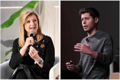 Side by side images of woman in black shirt and man in grey shirt speaking on stages