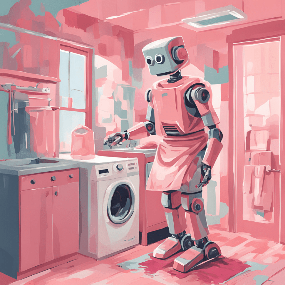 An illustration of a robot in a laundry room.