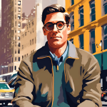 An illustration of a man in an olive-green jacket and glasses, set against a vibrant cityscape with a striking yellow building. He has a thoughtful, calm expression, with neatly styled dark hair, blending a sense of urban sophistication and understated style. The background includes classic urban architecture and a passing taxi, capturing the lively atmosphere of a bustling city.