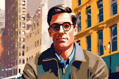 An illustration of a man in an olive-green jacket and glasses, set against a vibrant cityscape with a striking yellow building. He has a thoughtful, calm expression, with neatly styled dark hair, blending a sense of urban sophistication and understated style. The background includes classic urban architecture and a passing taxi, capturing the lively atmosphere of a bustling city.