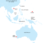 Map of the South Pacific showing the region from the southern part of China to Australia.