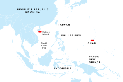 Map of the South Pacific showing the region from the southern part of China to Australia.