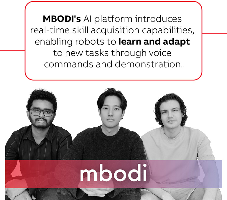 Mbodi 的团队（如上图所示）正在开发 AI，使机器人能够实时获取技能。