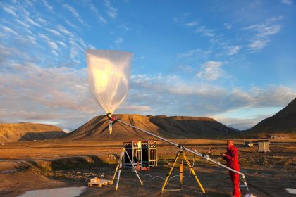 A weather balloon about to launch in a desert.