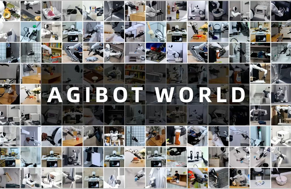 Several images of humanoid robots in a 14 by 9 grid, with "AGIBOT WORLD" written in the middle.