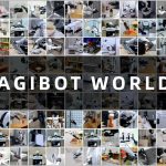 Several images of humanoid robots in a 14 by 9 grid, with "AGIBOT WORLD" written in the middle.