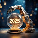 a robot arm holding a 2025 crystal ball.