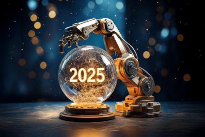 a robot arm holding a 2025 crystal ball.