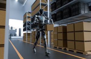 The PUDU D9 humanoid robot, shown here in a warehouse rendering, includes advanced manipulators. It was announced in December 2024.