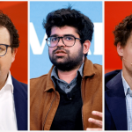 Three separate photos of men wearing button up shirts and sitting onstage