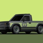 Green and grey pickup truck pictured against green background