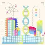 Illustration of a futuristic biotech facility with DNA helix, atomic structure, and colorful buildings, symbolizing scientific innovation and corporate scale.