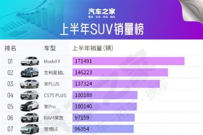 2025年上半年SUV中国销量TOP10出炉：特斯拉Model Y夺冠