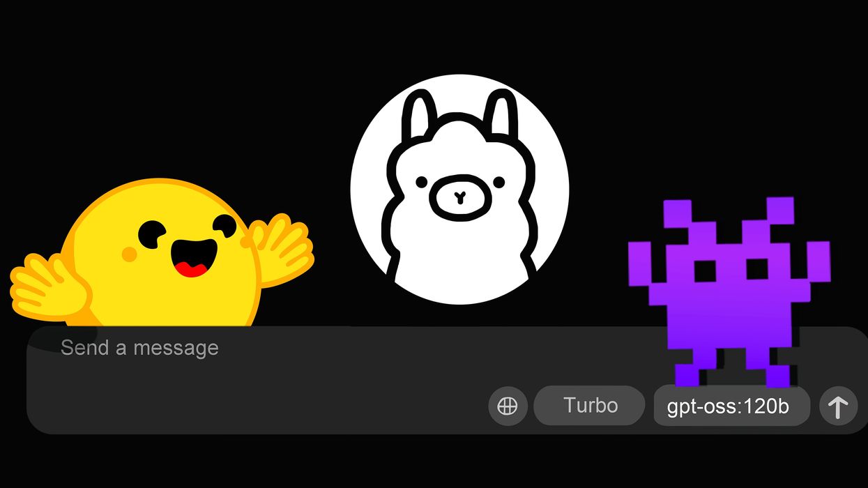 拥抱脸、Ollama和LM Studio的标志围绕着AI模型的提示栏