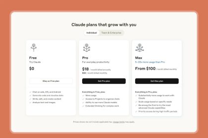 Anthropic的分层定价结构：免费选项、20美元/月的Pro订阅和新的Max计划（每月100美元起），为高级用户提供高达20倍的使用量。图片来源：Anthropic