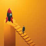 商业人士拾级而上走向火箭