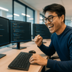 AI辅助编程工具的使用场景示意图，展示了代码生成与人工审查的互动过程。