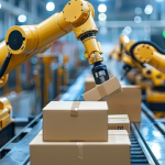 机器人手臂在传送带上抓取箱子。