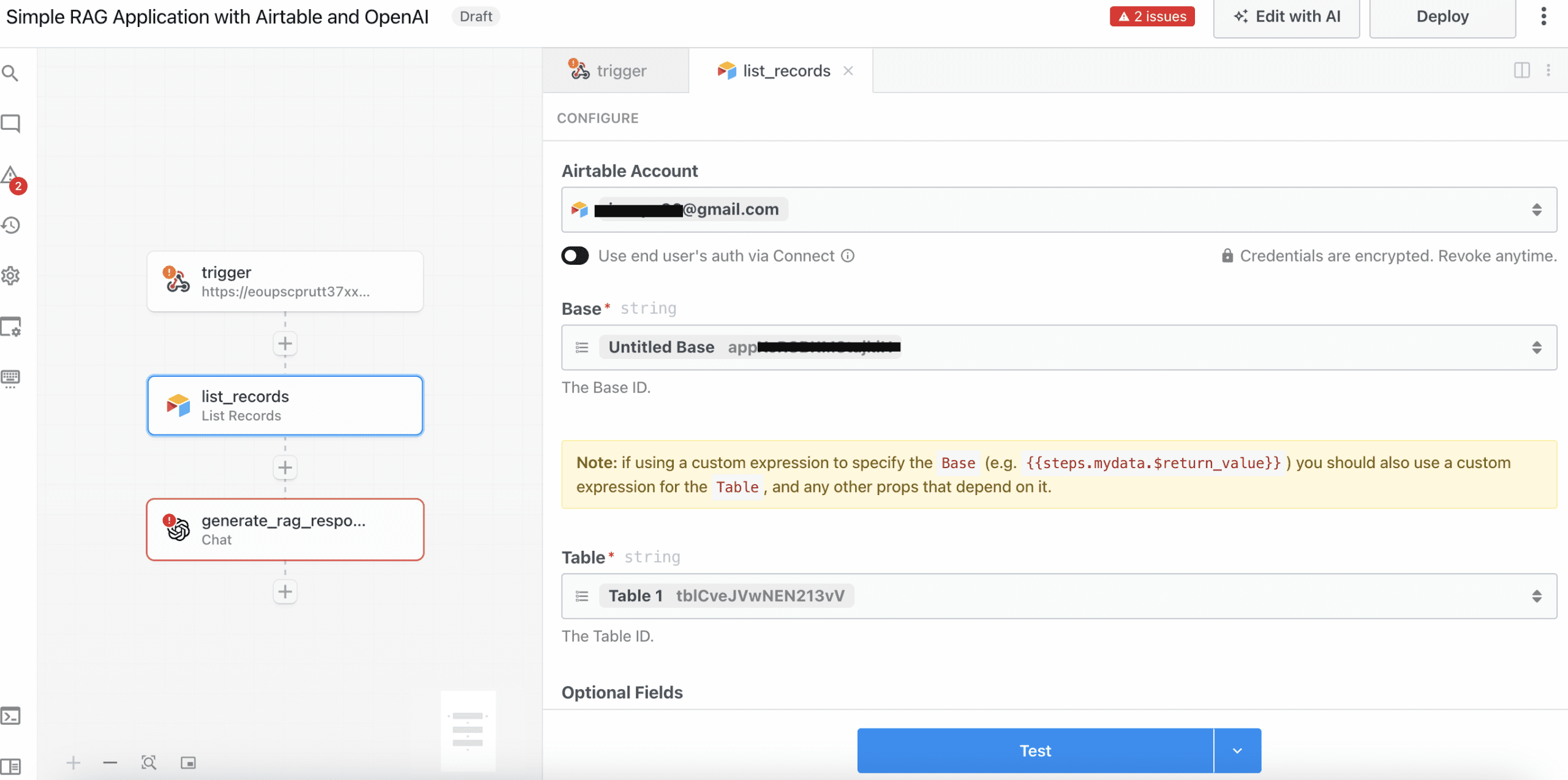 图片 3: Pipedream 工作流编辑器：连接到 Airtable