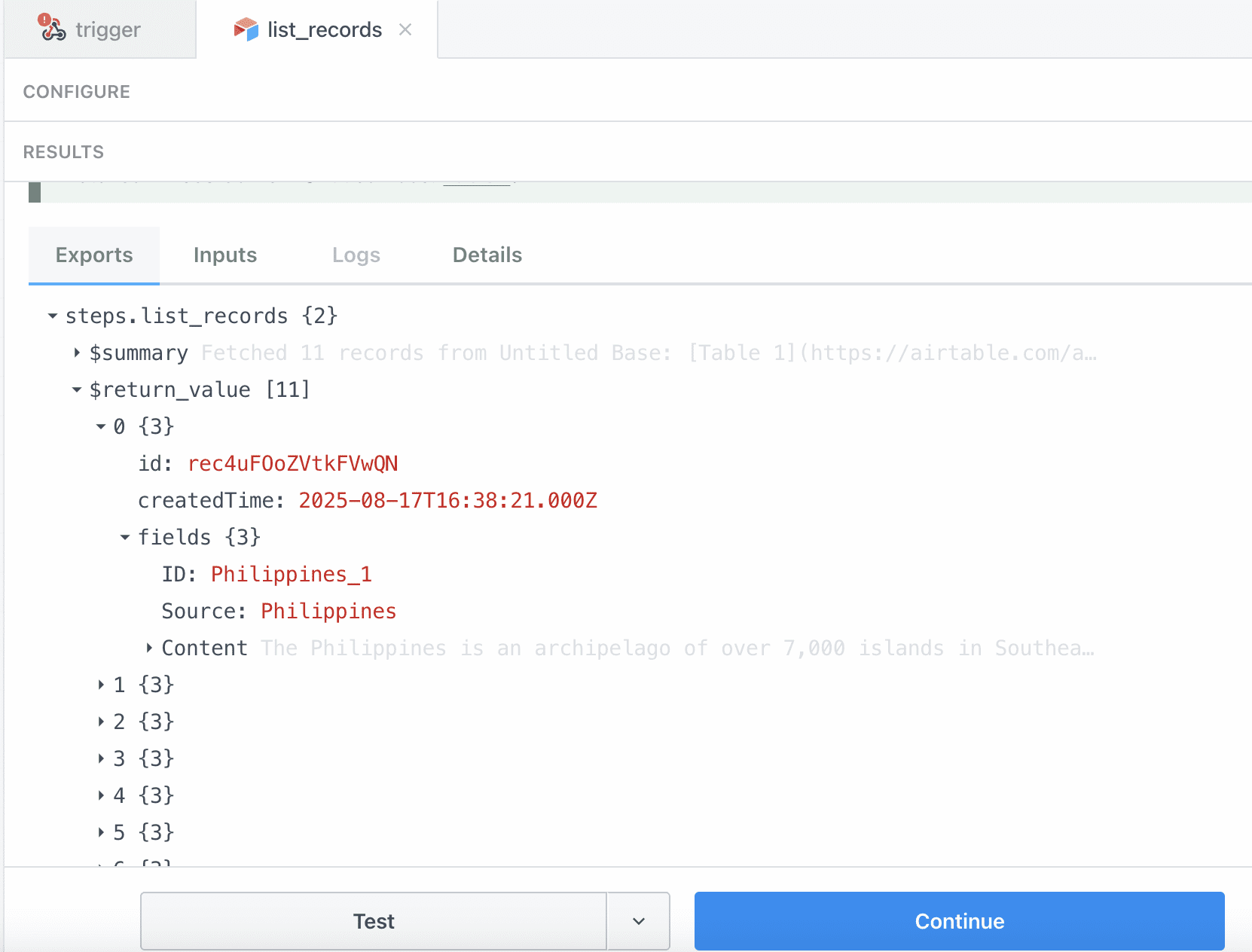 图片 4: Pipedream 工作流编辑器：测试与 Airtable 的连接