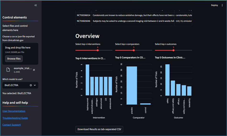 图1：运行BioMobileBERT和BioELECTRA进行PICO提取的Streamlit应用输出示例（作者供图）
