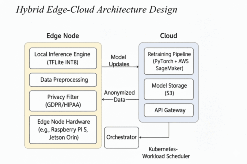 边缘和云在Kubernetes管理的混合AI机制中交换模型更新和匿名数据（作者绘图）