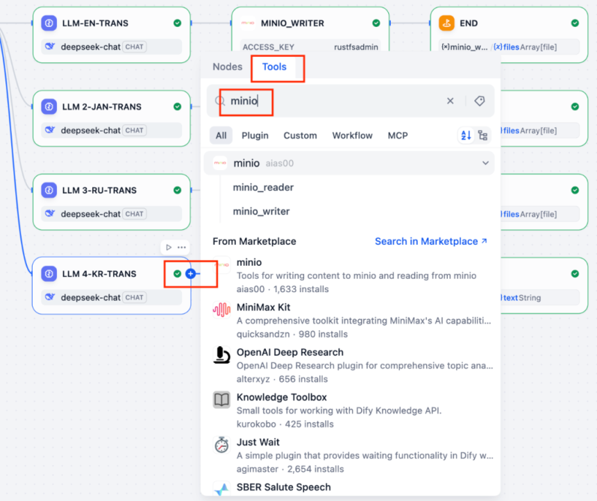 Dify Tool 节点选择 MinIO