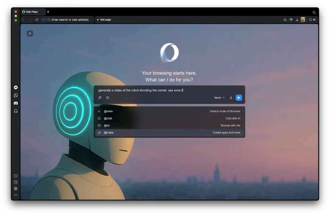 Opera Neon 浏览器集成Sora 2，支持文本生成视频