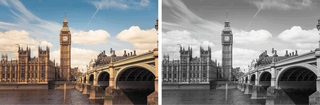 大本钟的RGB(左)和灰度(右)图像