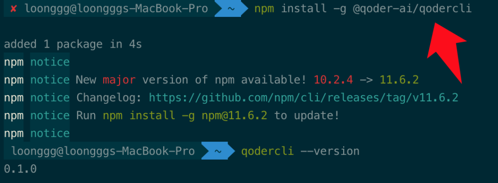Qoder CLI 安装成功截图