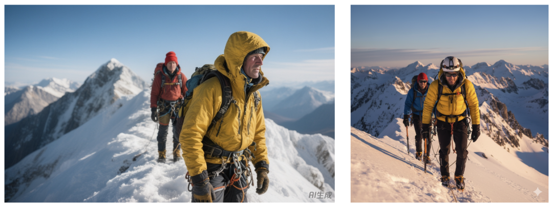 混元图像3.0与Nano Banana生成登山者焦点对比图