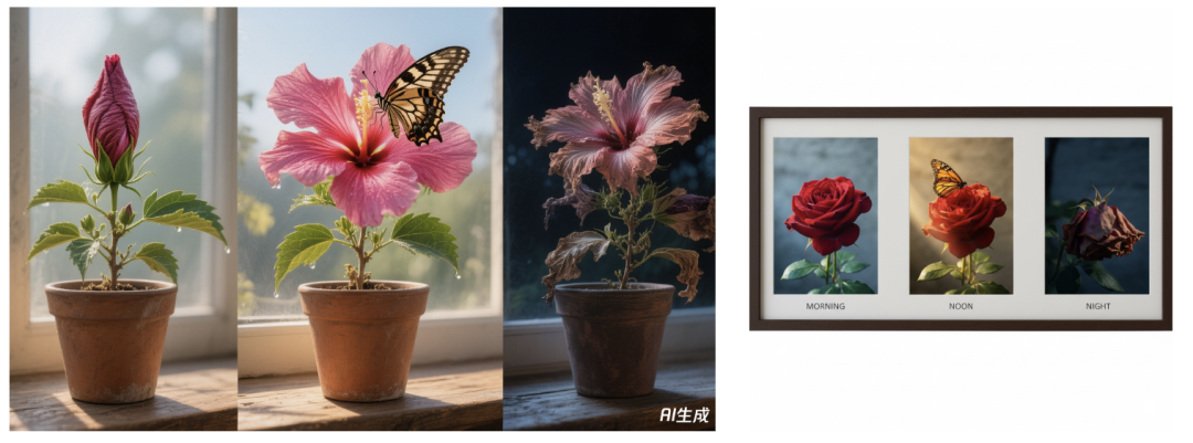 混元图像3.0与Nano Banana生成花朵时态对比图