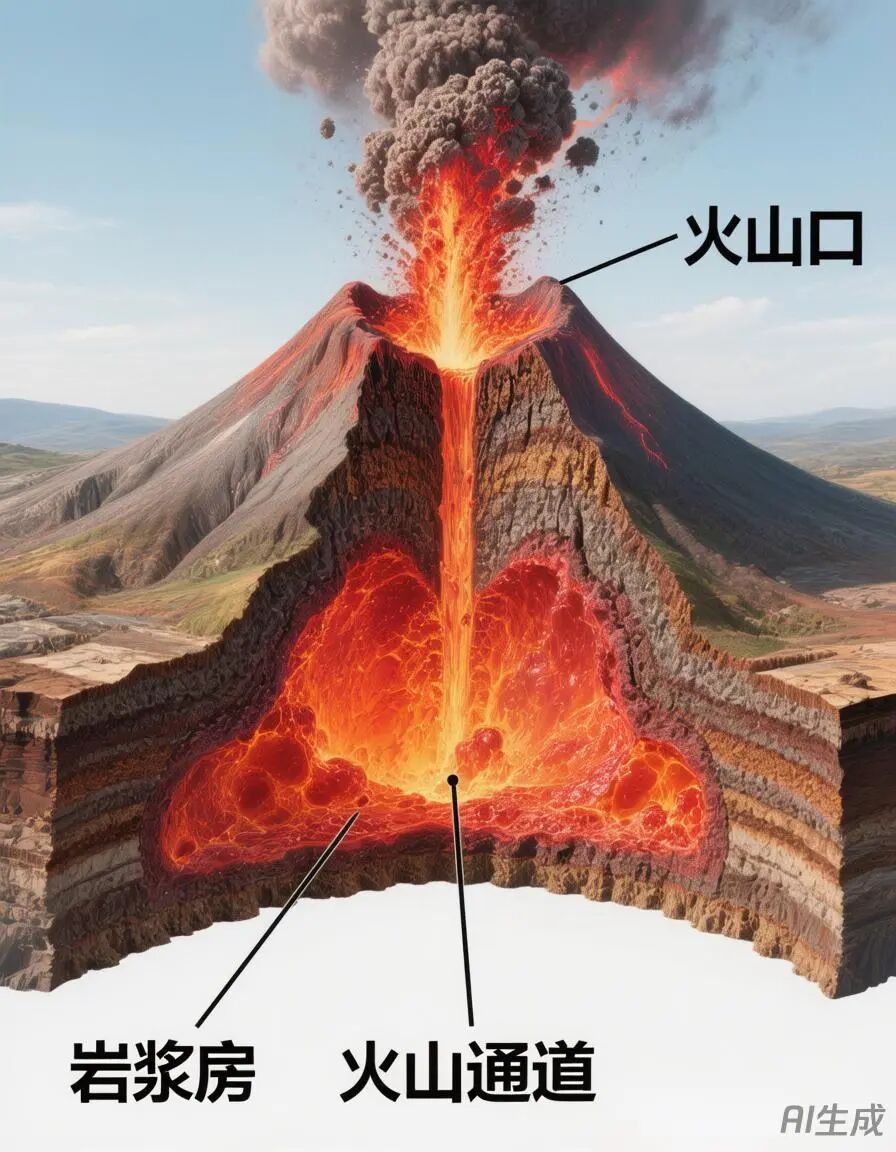混元图像3.0生成火山内部构造和喷发原理图