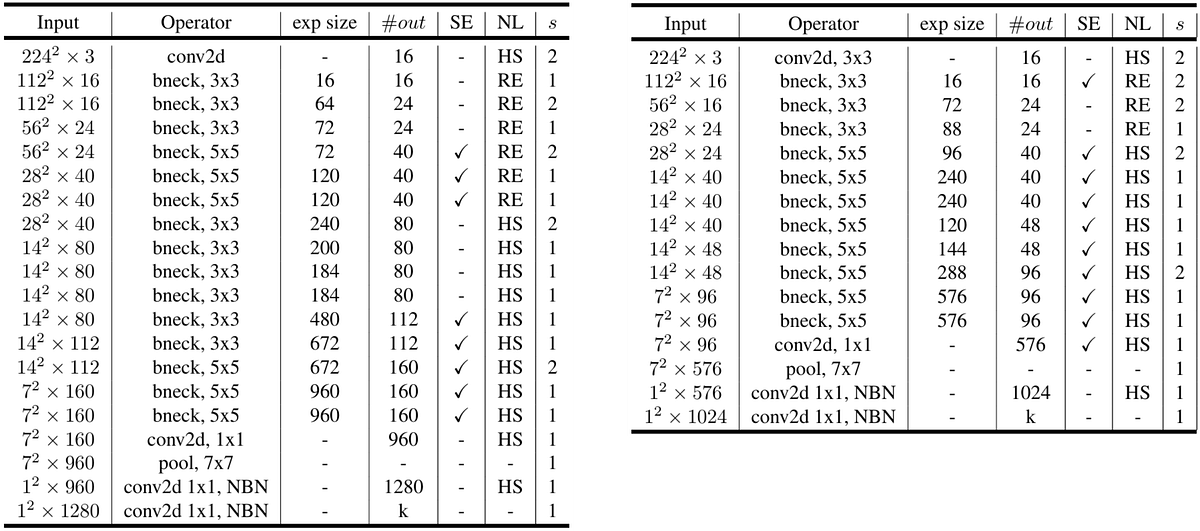 图 1. MobileNetV3-Large (左) 和 MobileNetV3-Small (右) 架构 [3]。