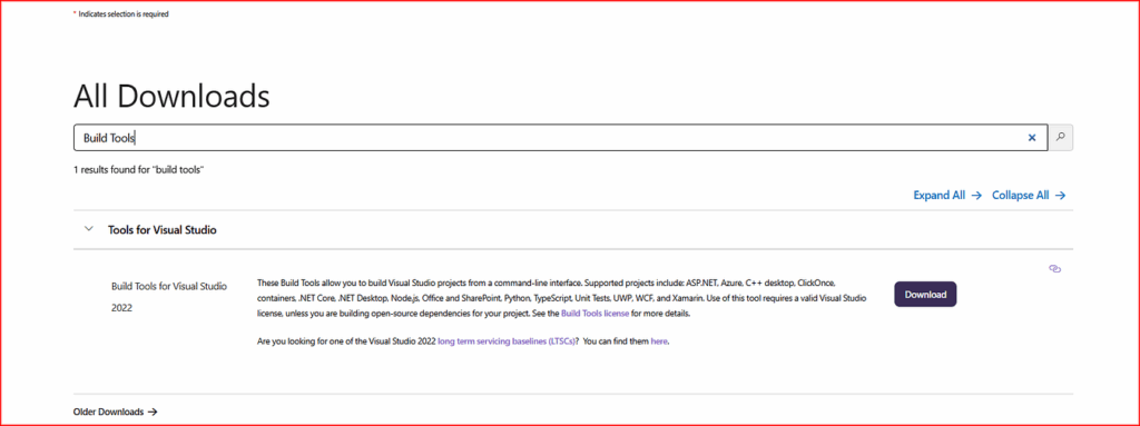 Visual Studio 构建工具下载界面截图