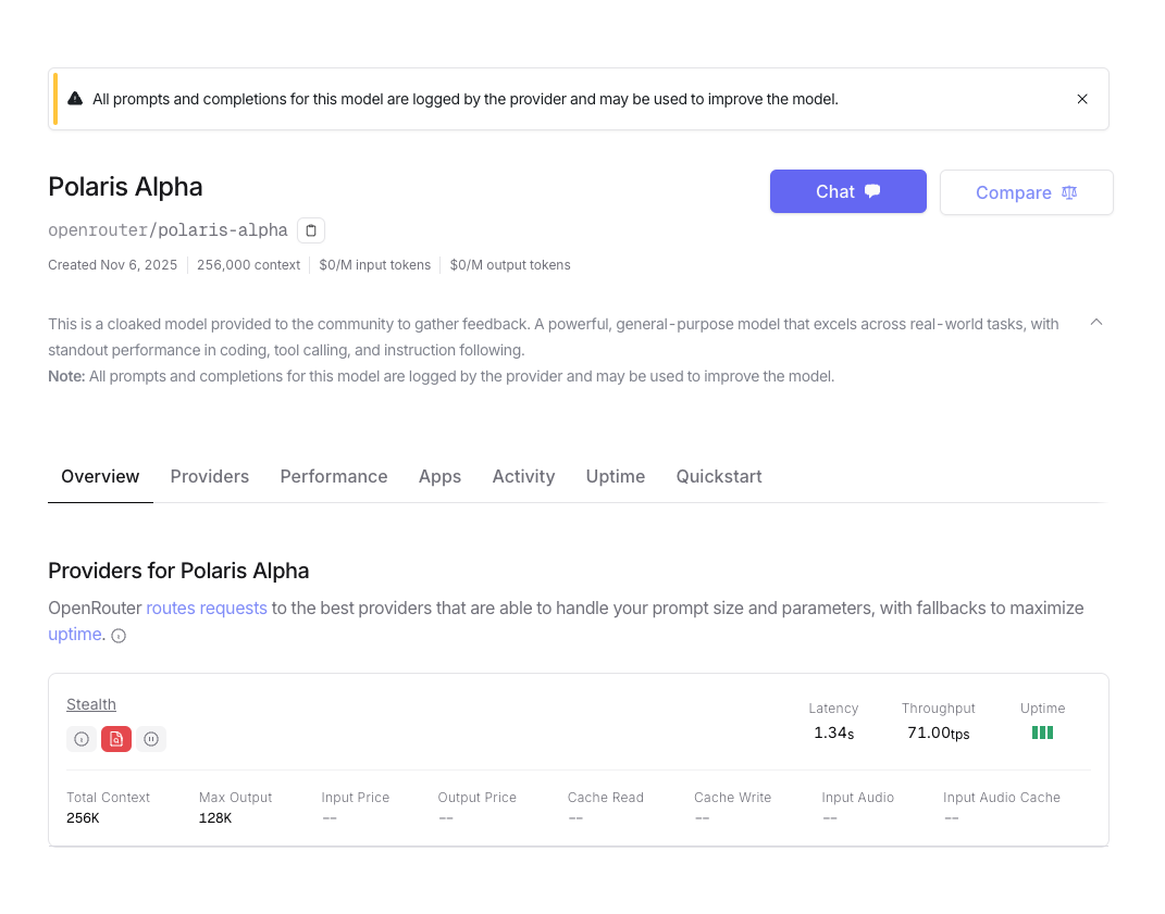 Polaris Alpha模型界面截图，展示其API调用能力