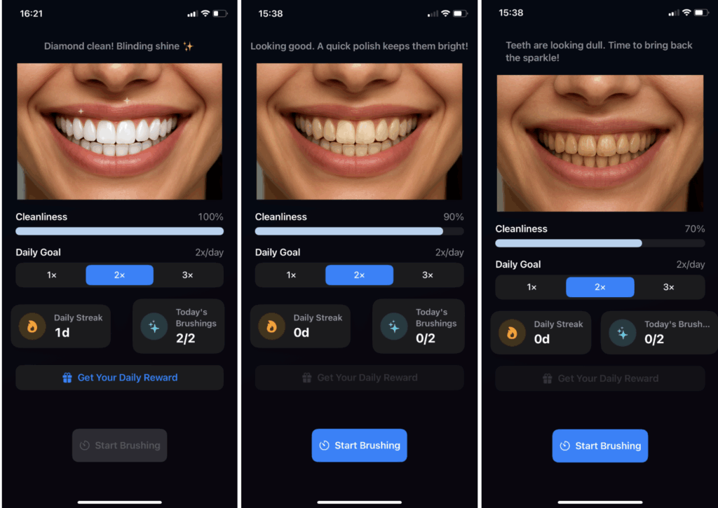 Brush Tracker应用截图：洁净度分数与牙齿状态展示