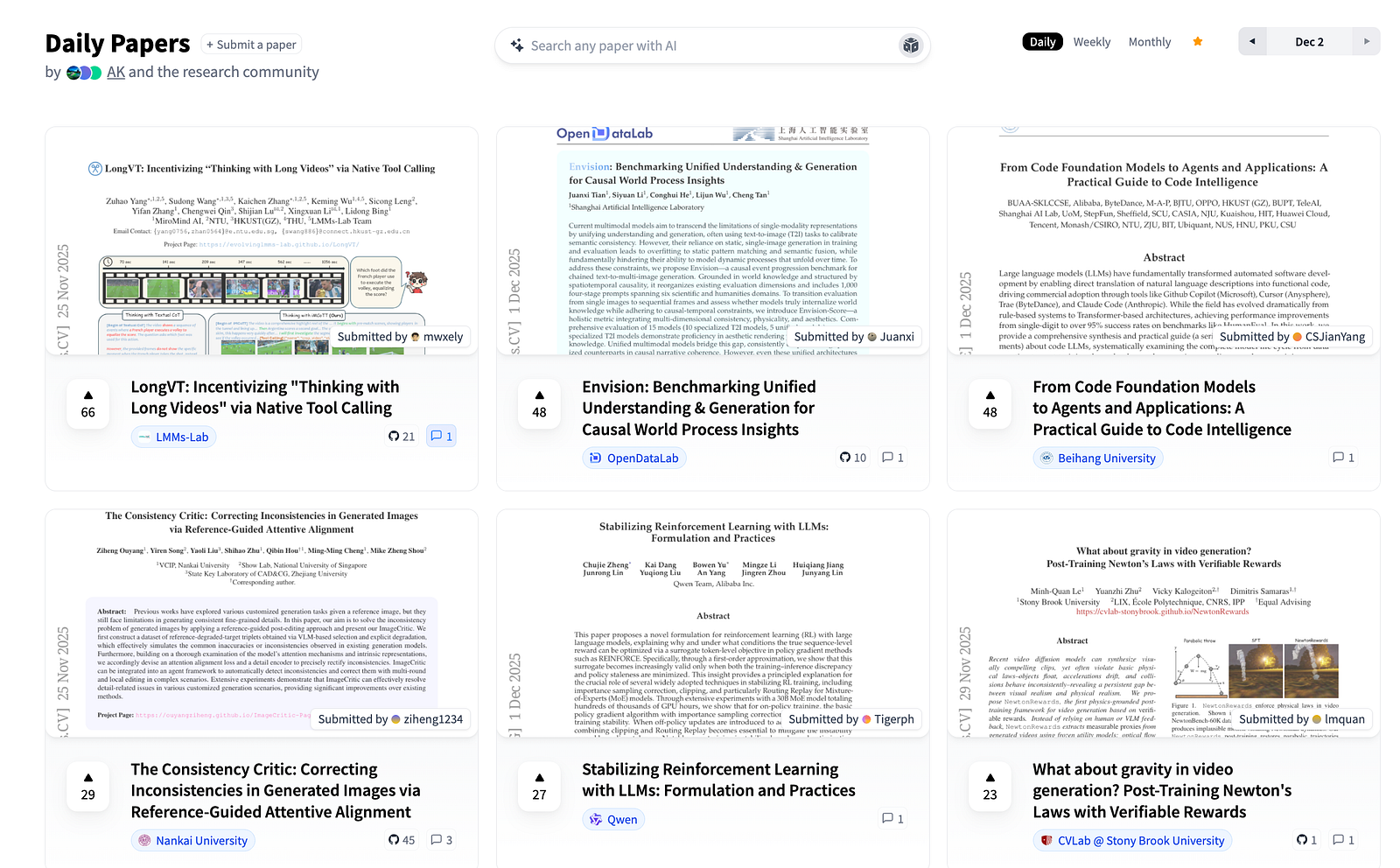 图9:HuggingFace Daily Papers显示2025年12月2日论文的截图