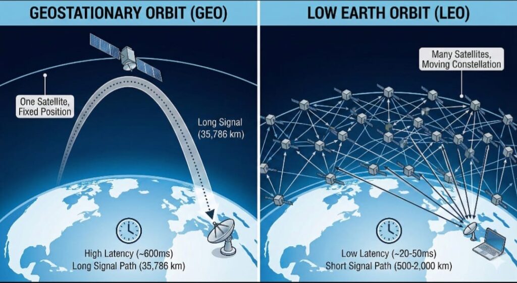 LEO卫星比GEO卫星更靠近地球轨道，这在实际中带来了更低的信号延迟